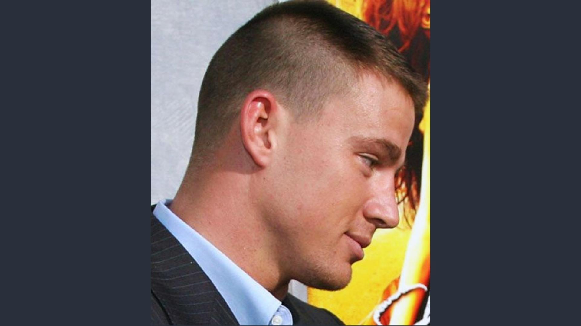 Side view of Channing Tatum’s high-and-tight buzz cut with skin fade, highlighting the clean tapered sides at a premiere.