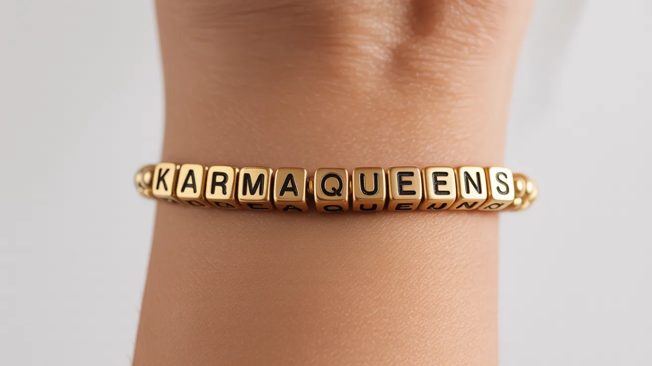 gold-toned bracelet on wrist with cube beads spelling KARMA QUEENS in uppercase clearly.