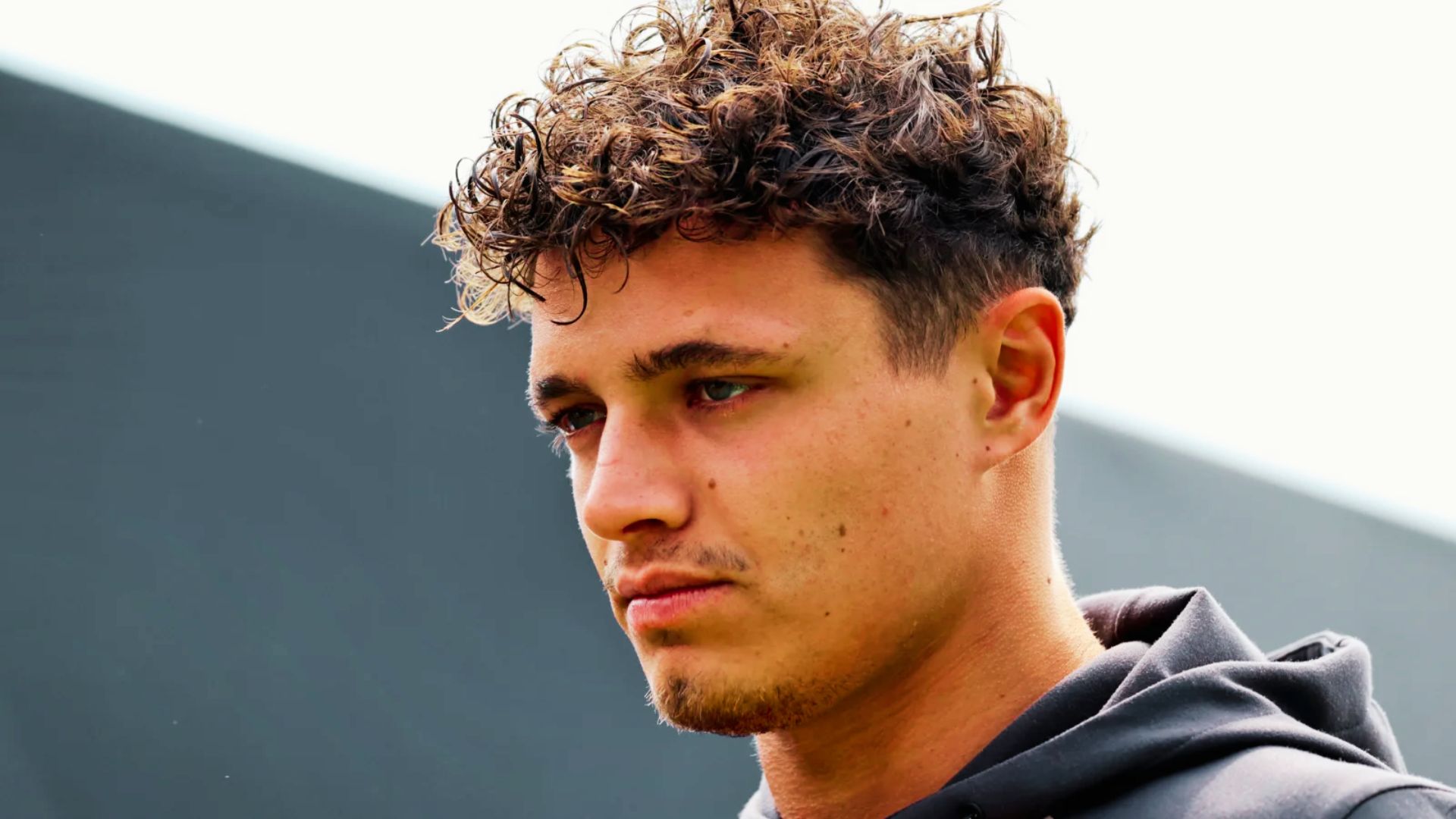 Side profile of Lando Norris showing the shape of his curly cut.