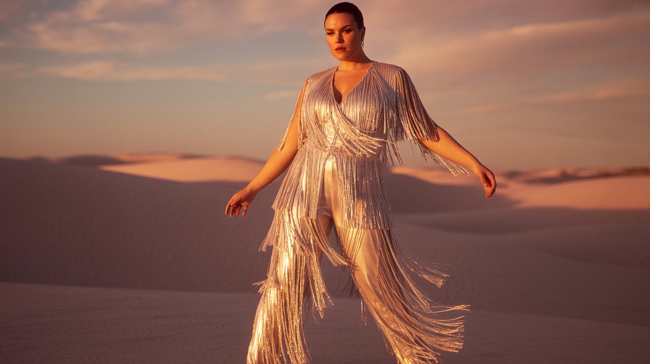 Plus-size woman in flowing fringe jumpsuit in a golden-hour desert setting with a powerful free-spirited fashion vibe.