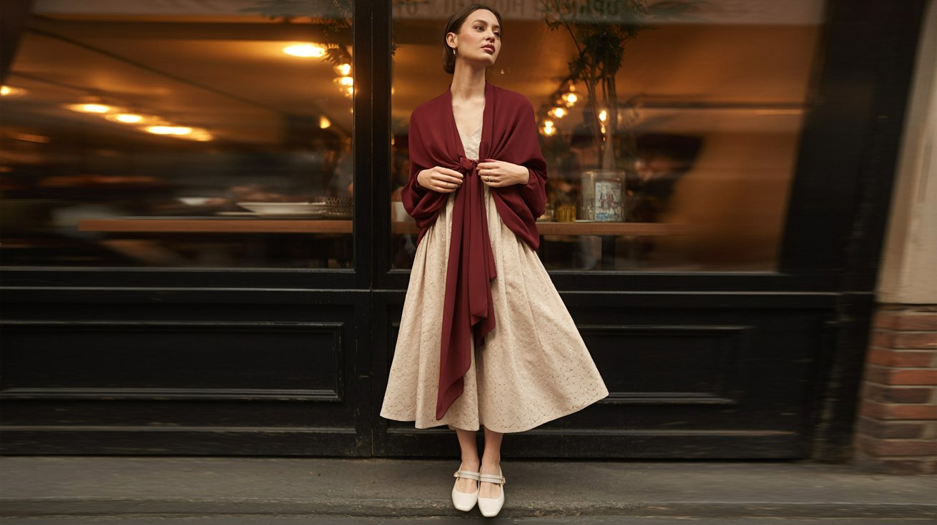 Woman wearing red cardigan layered over lace midi dress with feminine vintage-inspired styling beautifully.