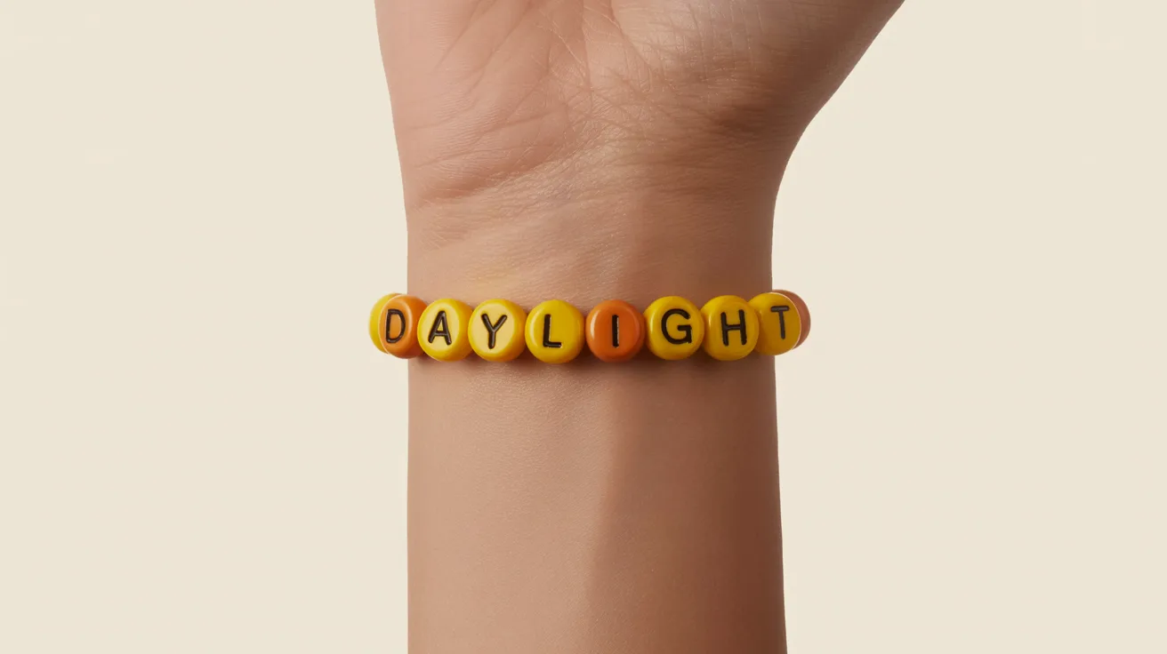 close-up wrist with yellow and orange bracelet showing cube beads spelling DAYLIGHT in clear bold letters.