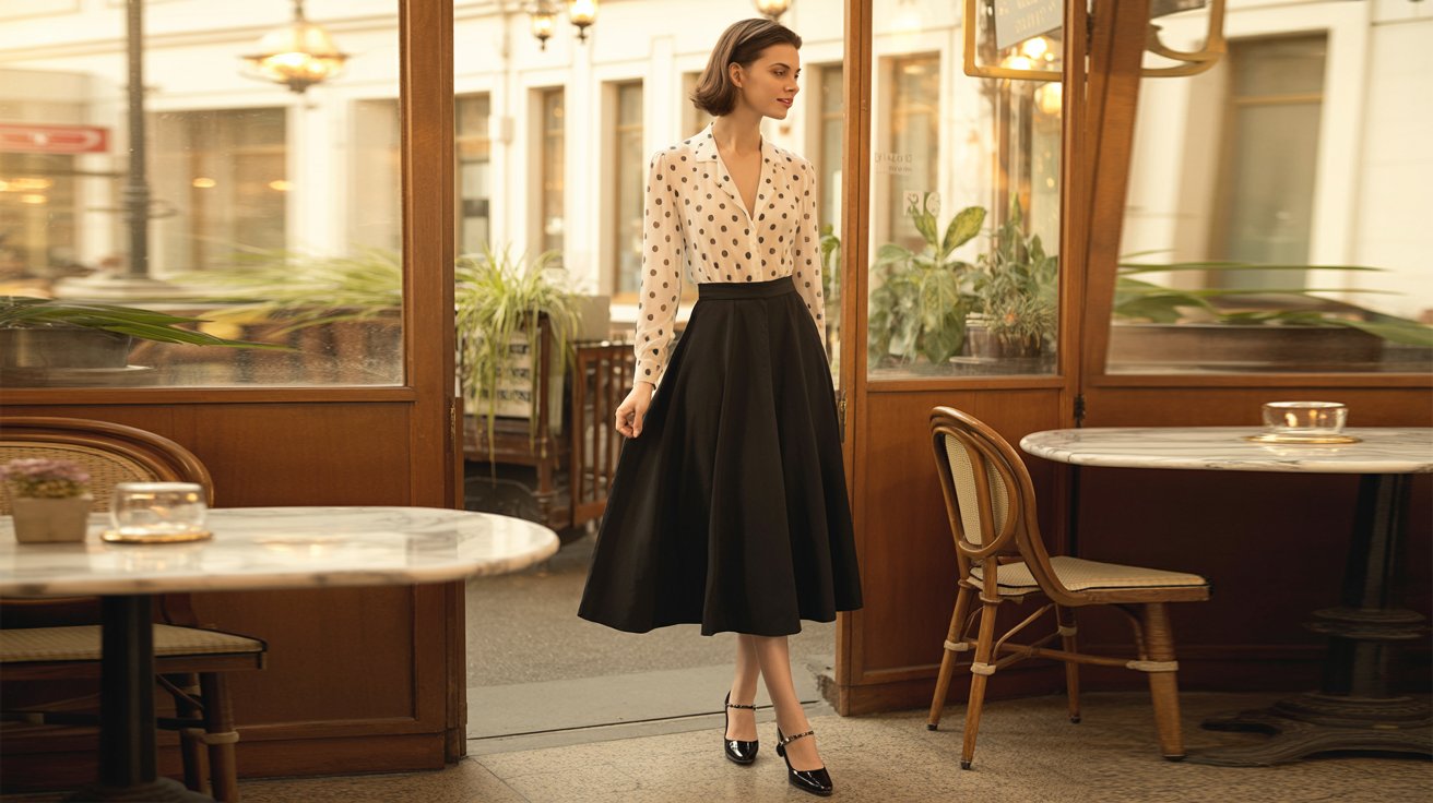 White polka dot blouse paired elegantly with classic black midi skirt and mary janes.