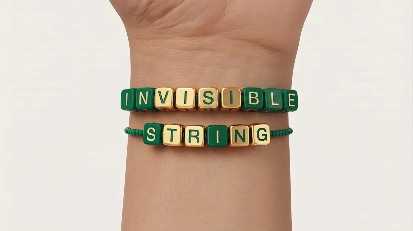 green and gold bracelet on wrist showing cube beads spelling INVISIBLE STRING in clean uppercase.