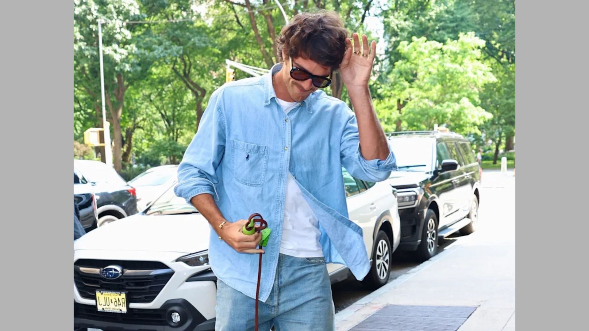A man in a blue shirt and jeans walks his dog along a path in a sunny outdoor setting.