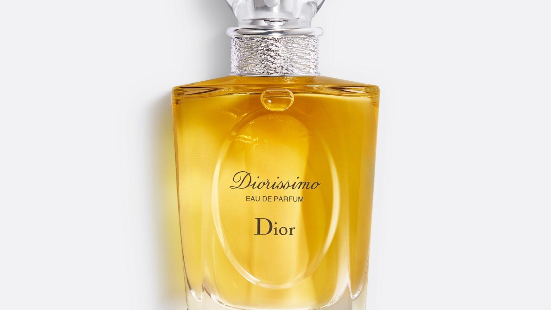 Diorissimo Eau de Parfum by Dior in golden glass bottle, a floral fragrance reportedly loved by Princess Diana