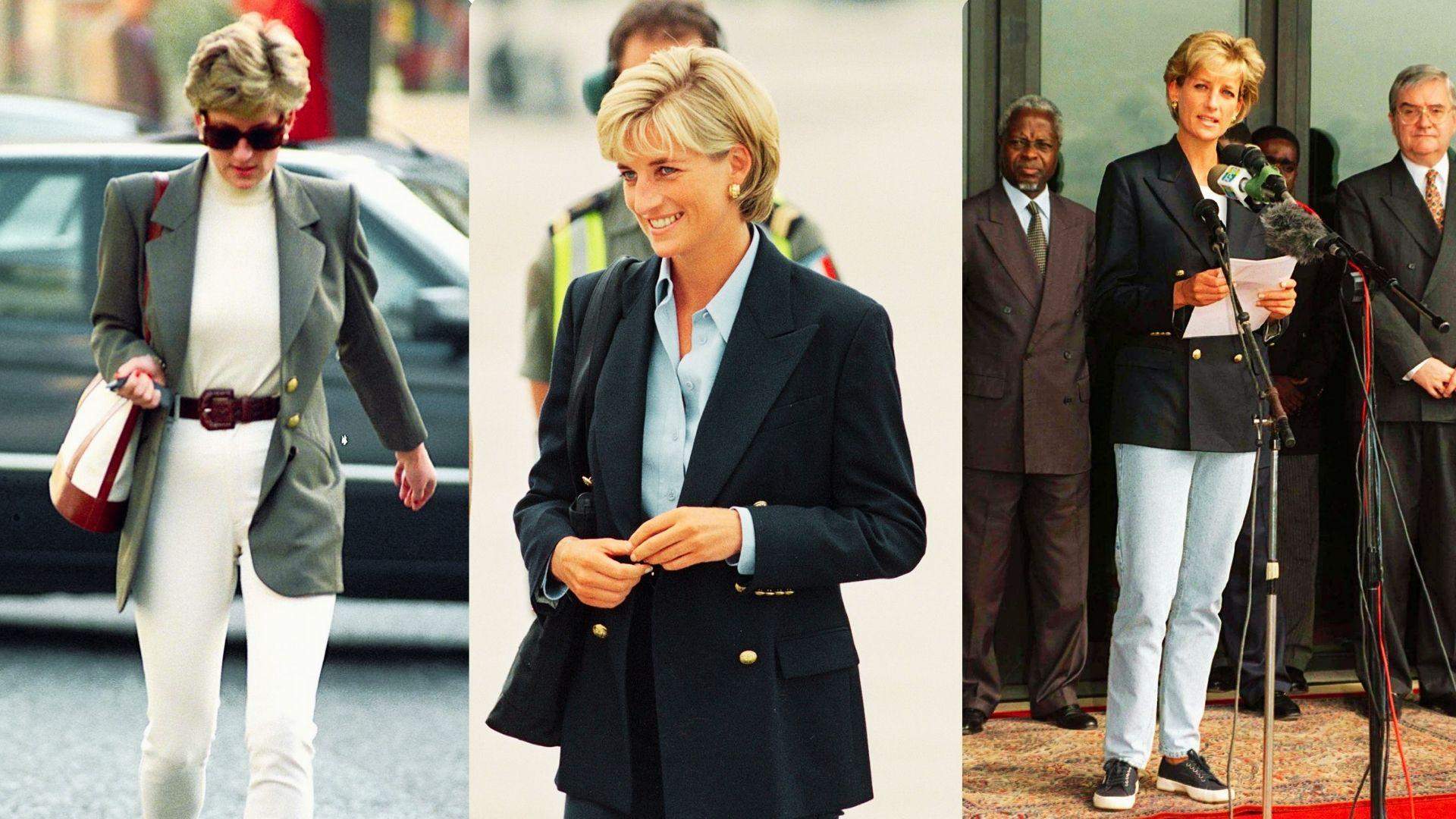 Princess Diana blazer styling with oversized jackets, tailored trousers, and minimalist tops for casual fashion