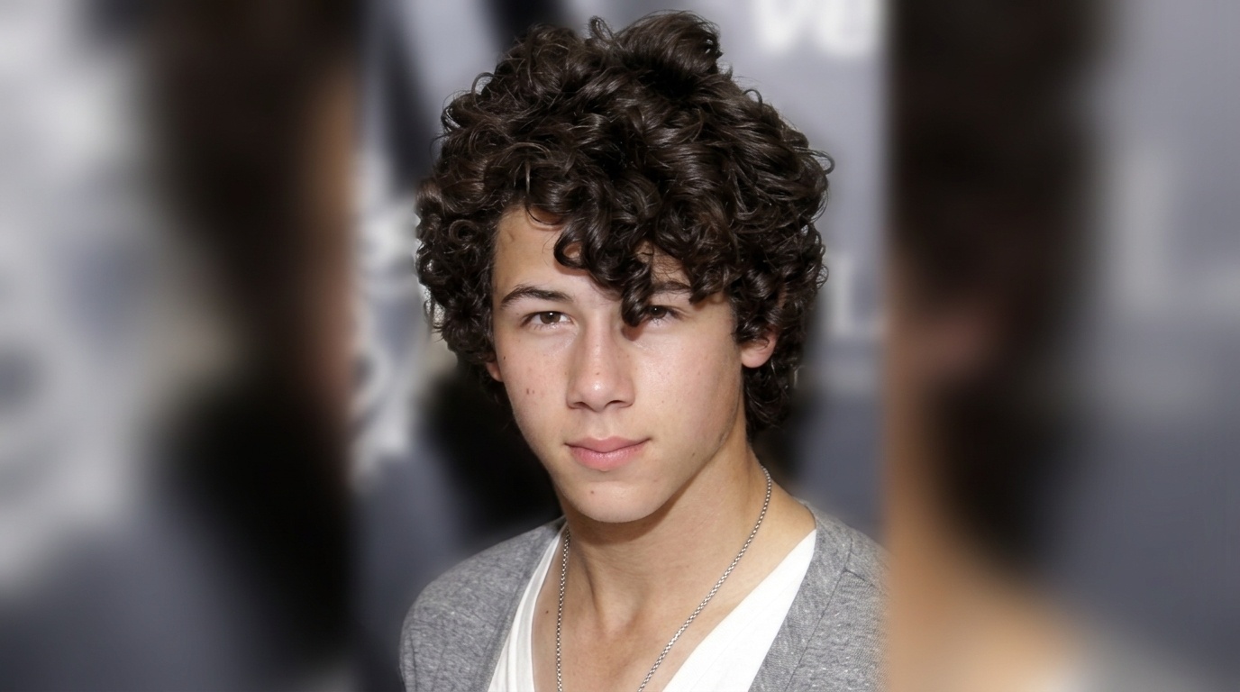 Teen Nick Jonas with iconic tight curly hair and grey cardigan