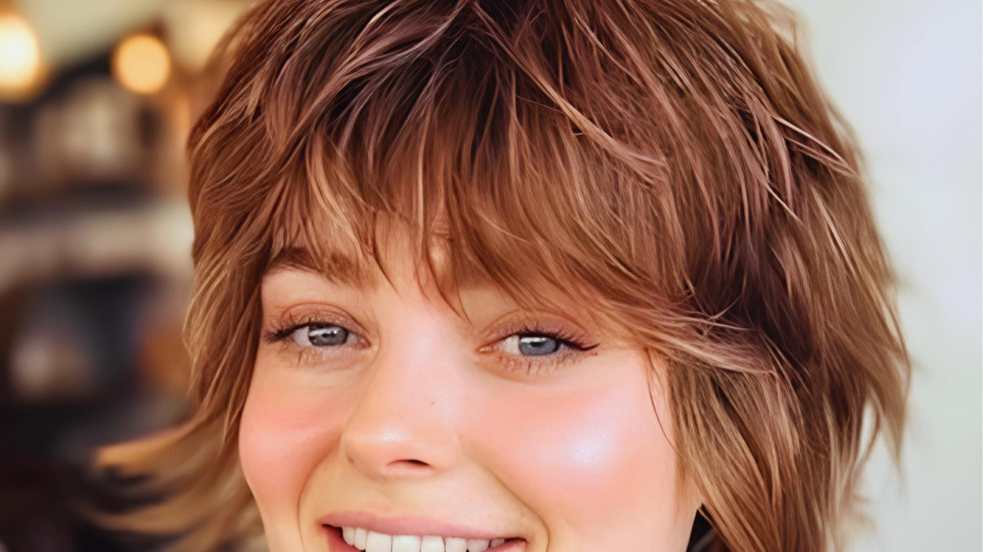 Textured auburn shaggy pixie with piecey bangs and choppy layers, a grown-out modern nod to Twiggy’s mod crop.