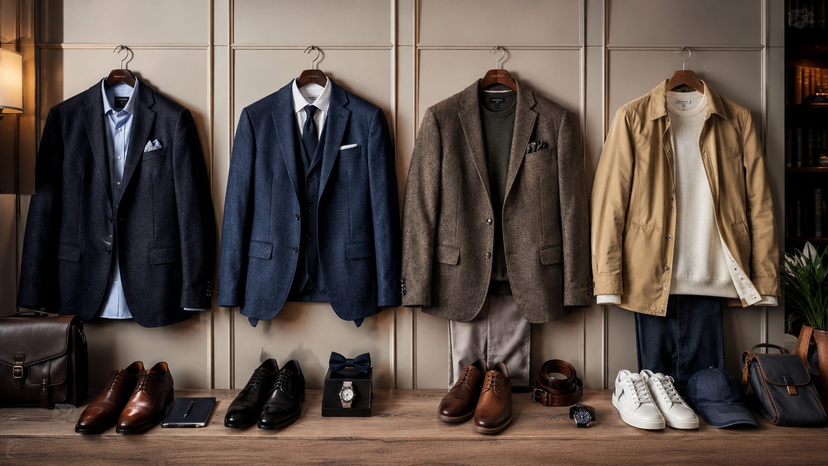 Jackets arranged for different occasions including work and weddings.