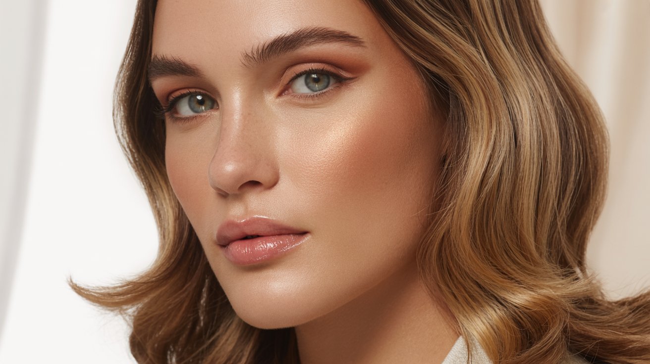 Soft Classic beauty featuring polished waves, natural makeup, soft blush, and glossy lips.