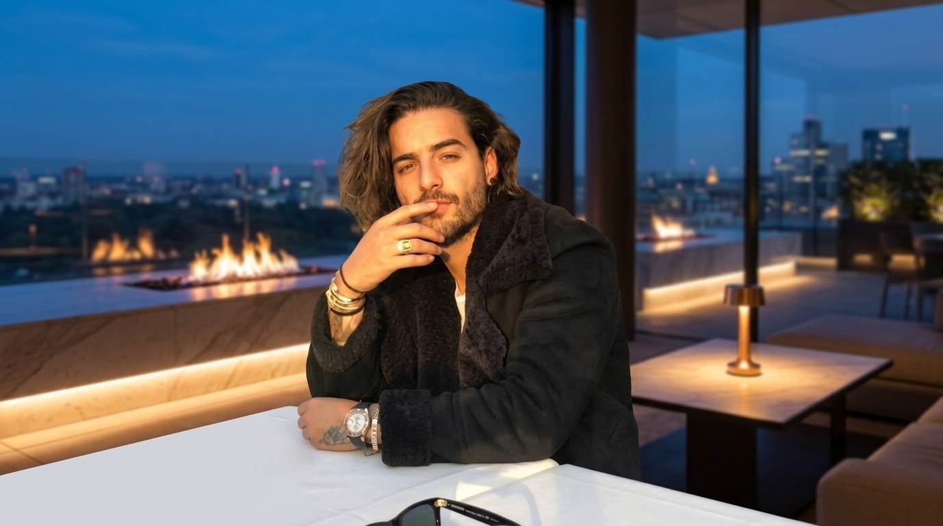 Maluma with long wavy hair brushed back sitting at rooftop lounge at night