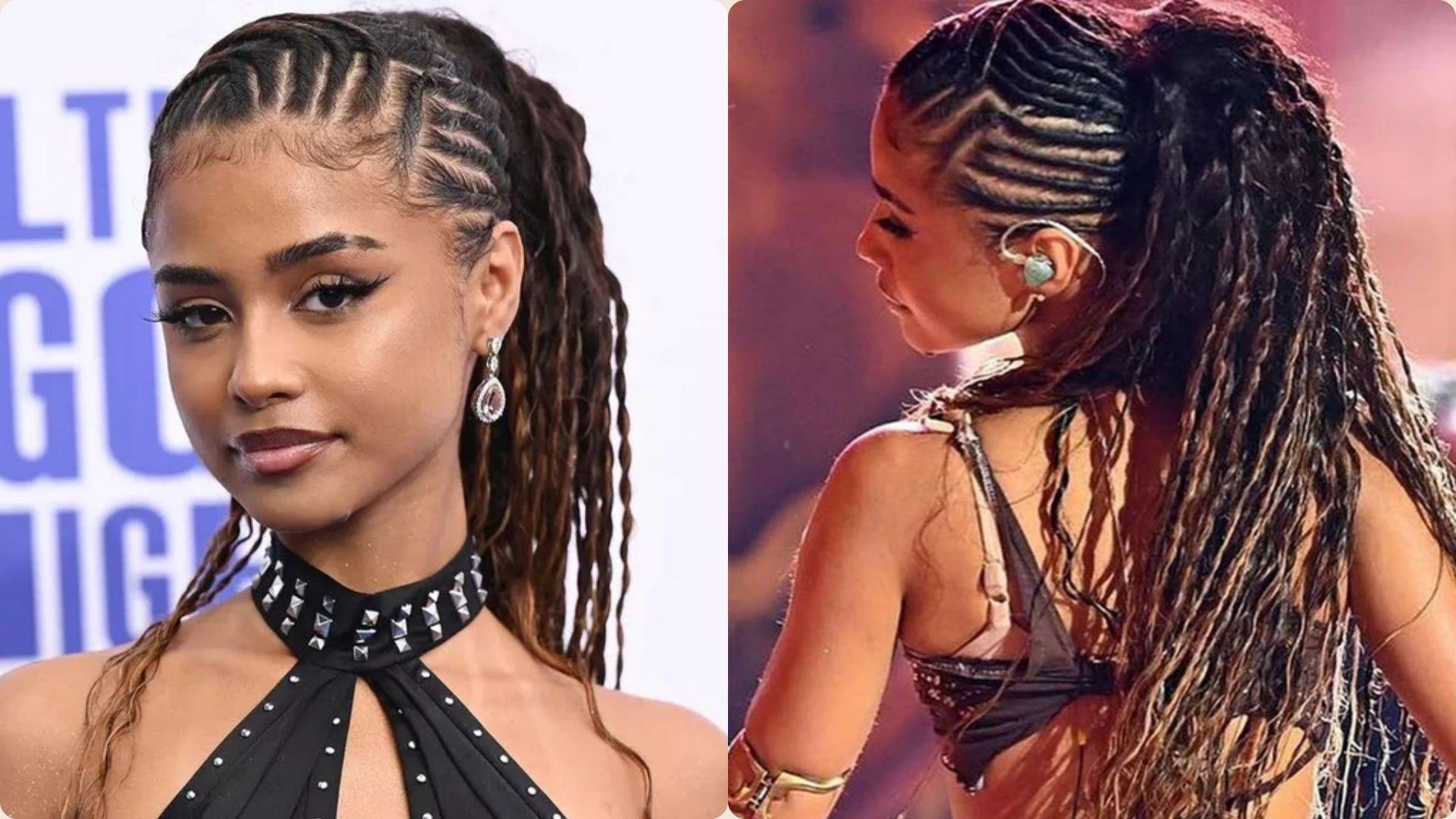 Tyla high ponytail hairstyle with curly ends: front portrait and back view on stage performance.