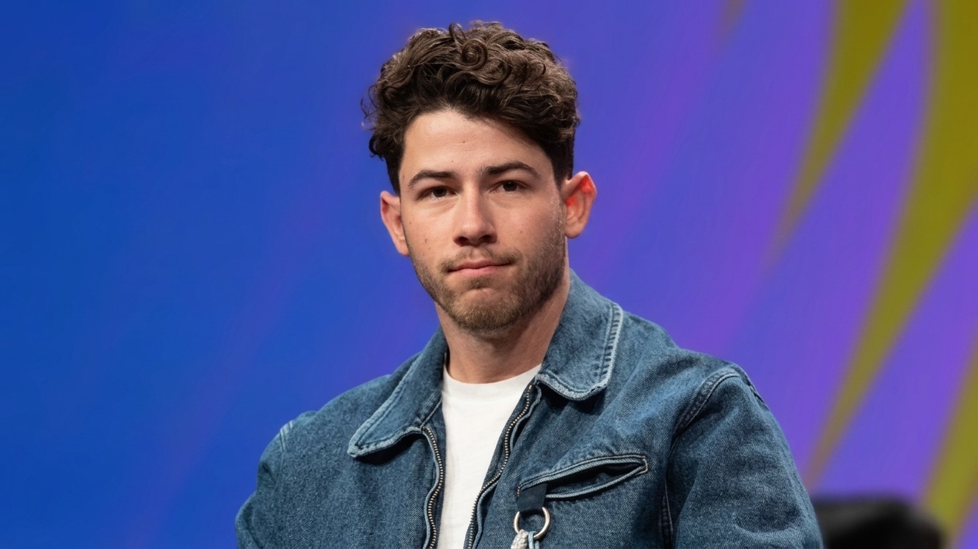 Adult Nick Jonas with styled curly hair in denim jacket