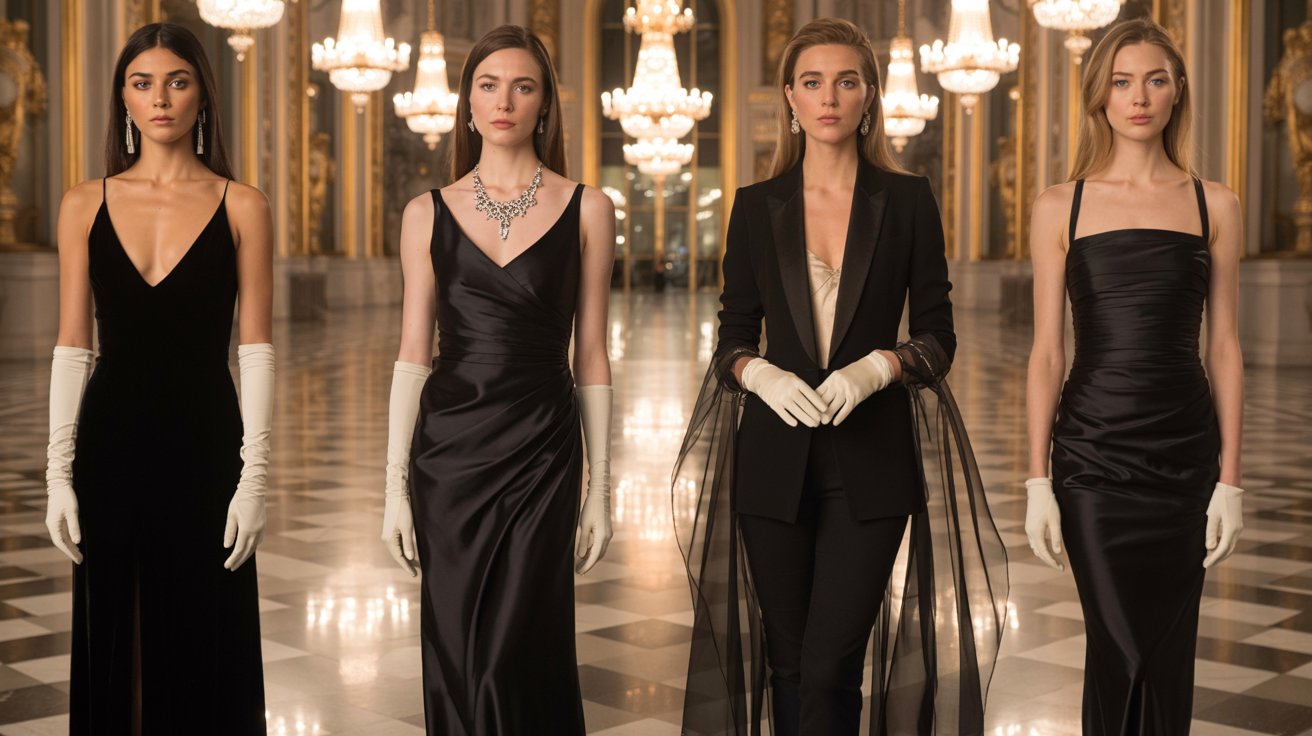 Little black dress black tie velvet silk gown blazer gloves statement jewelry formal elegance style