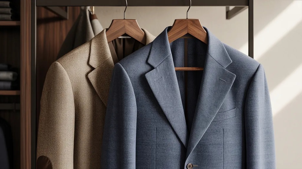 Brown sport coat and navy blazer displayed side by side in a modern wardrobe.