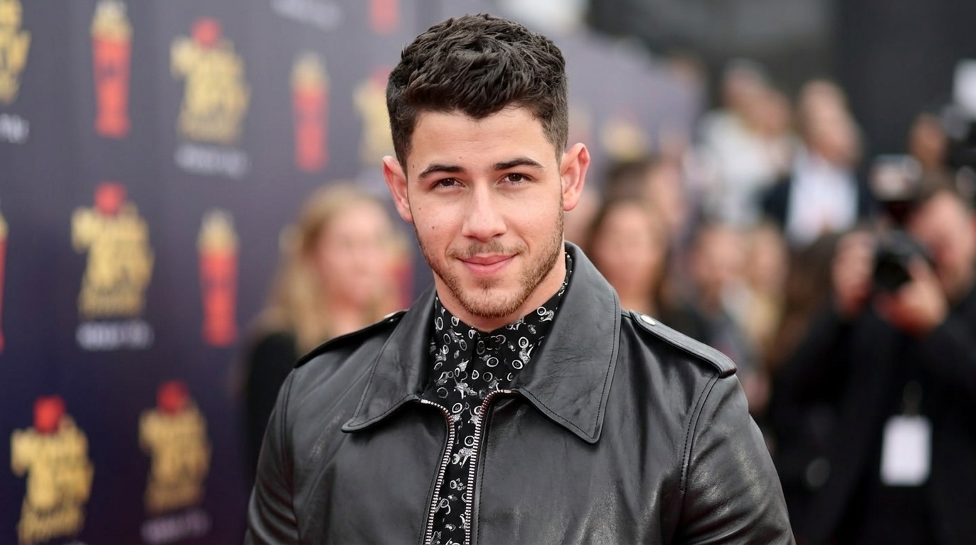 Nick Jonas with short wavy curly hair in black leather jacket on red carpet