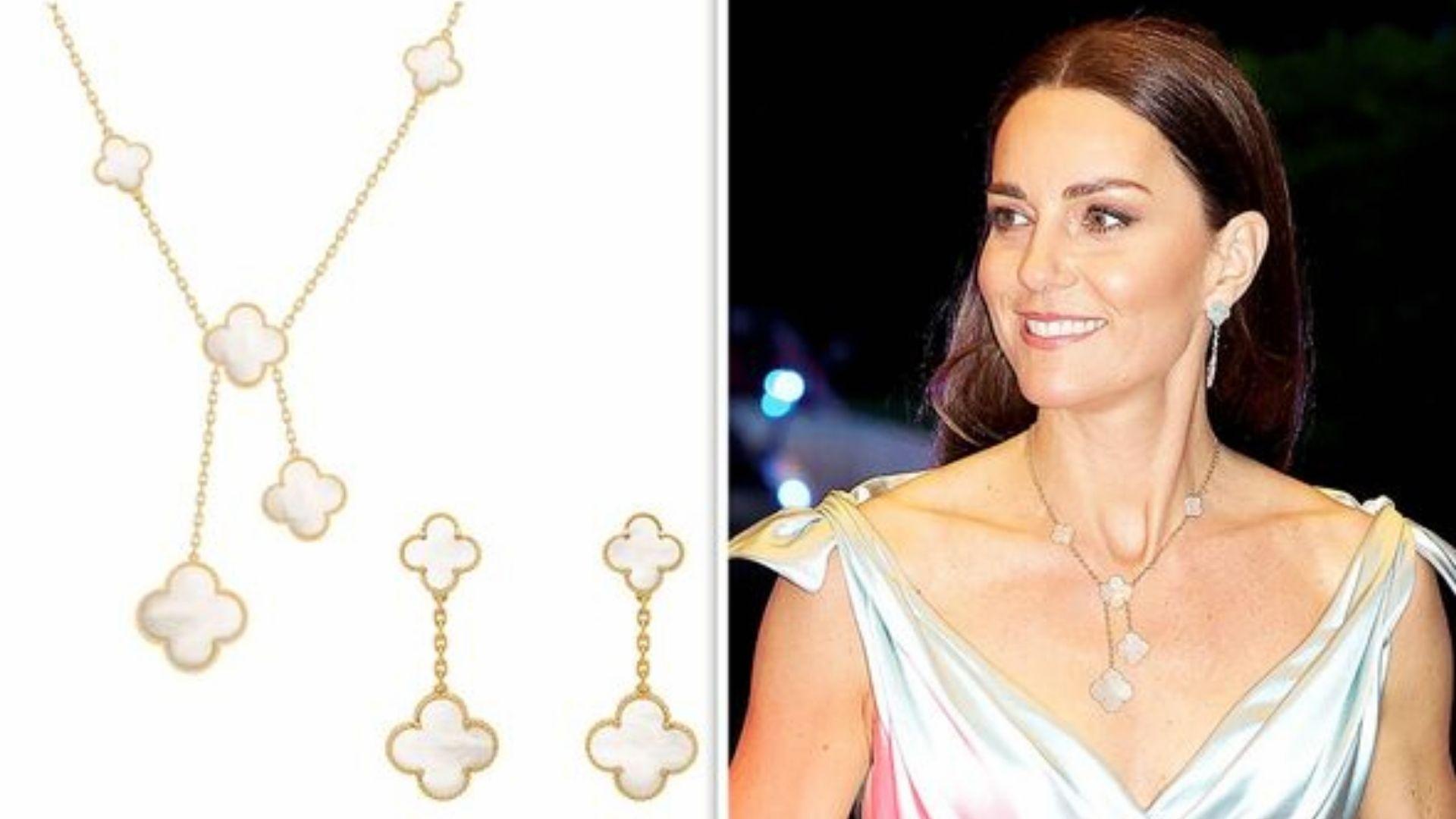 Close-up of Van Cleef Alhambra mother-of-pearl earrings and necklace worn by Kate Middleton at BAFTA