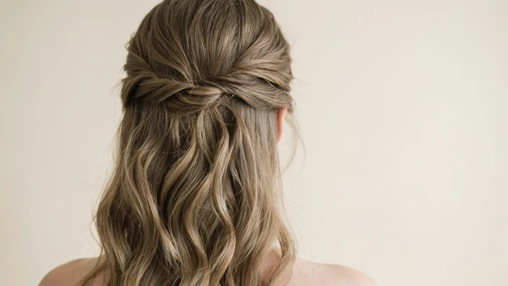 half up hairstyle secured with pins slightly off center allowing loose waves to fall naturally with soft volume and relaxed finish.