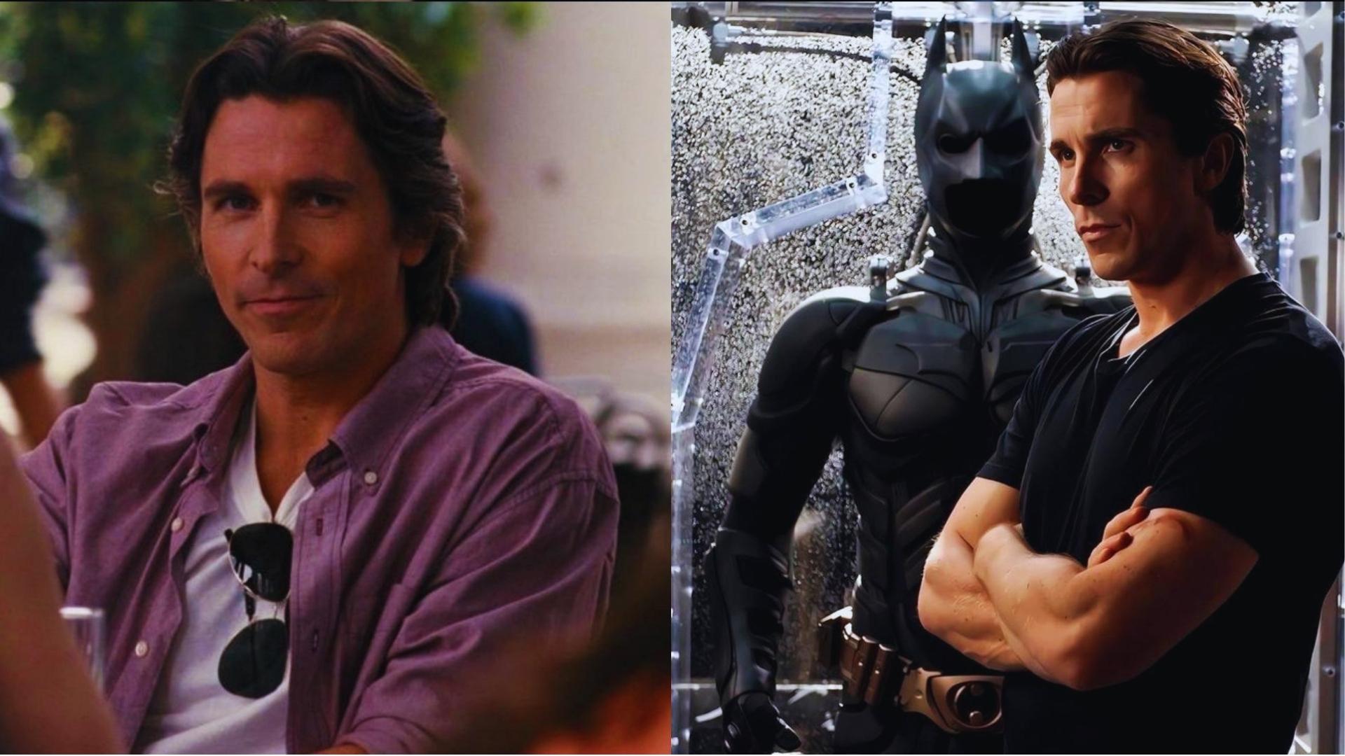 Christian Bale Bruce Wayne hair evolution casual purple shirt vs short hair next to Batman suit.