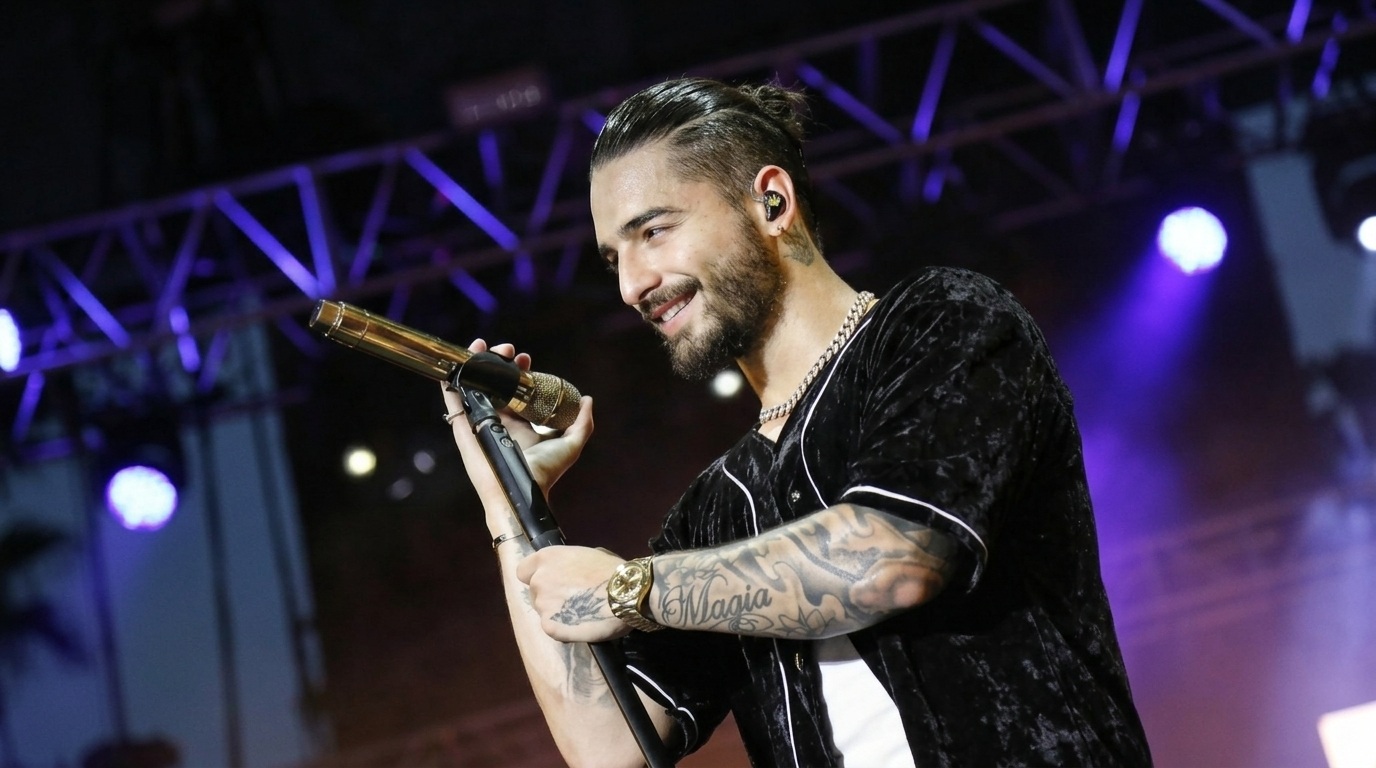 Maluma with Loose Low ponytail long hair in low man bun while performing on stage