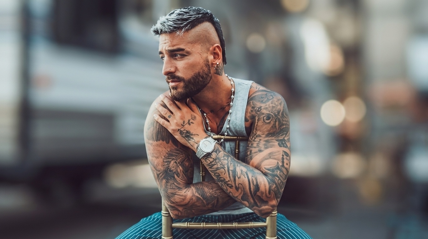 Maluma with Undercut with Shaved Line hairstyle and shaved sides sitting on chair