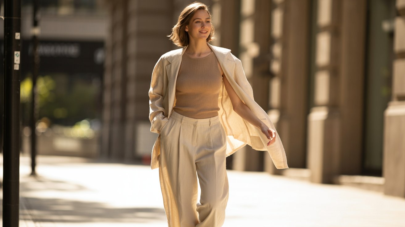 Soft natural street style flowy trousers fitted top effortless chic casual city fashion look