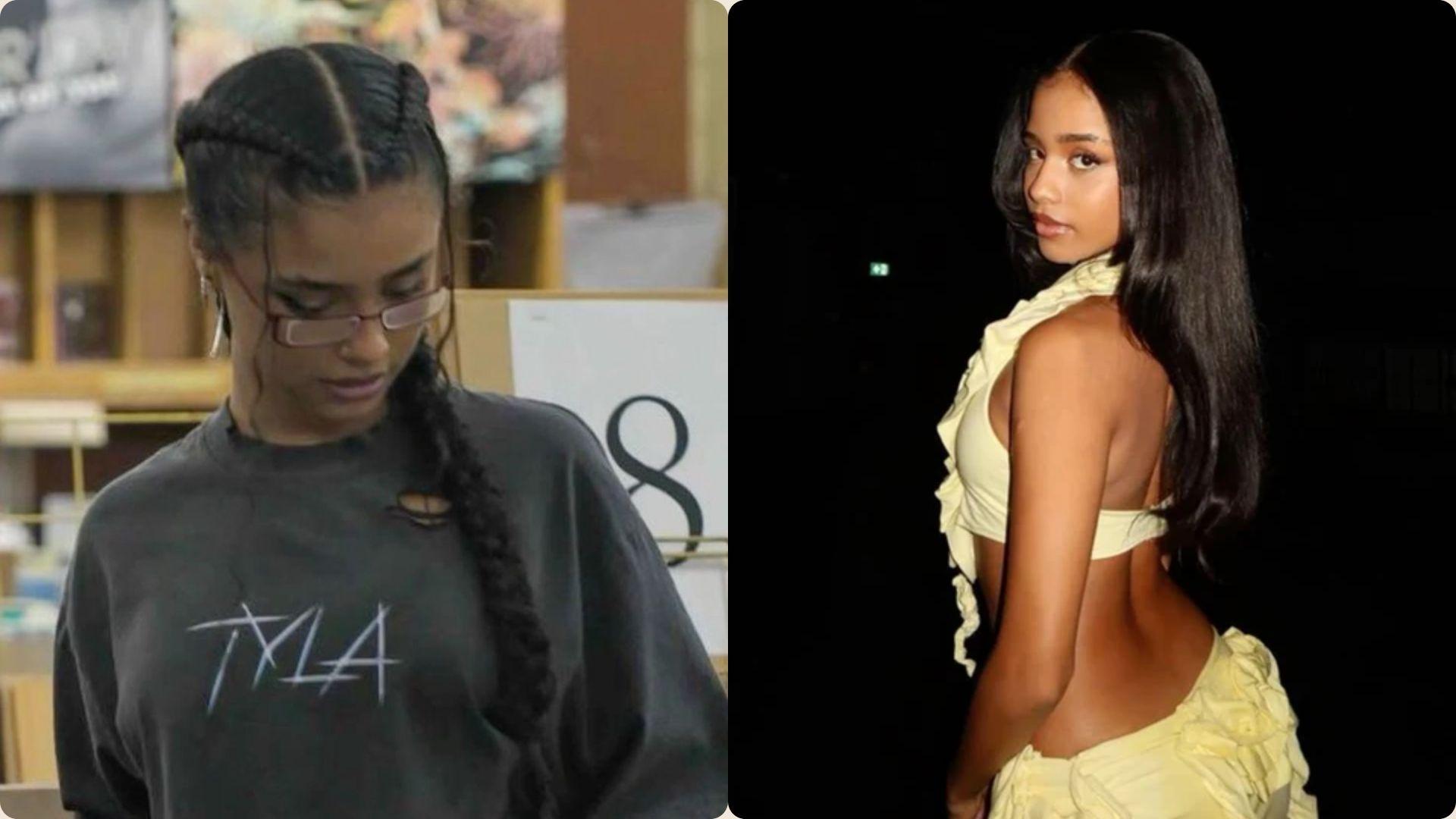 Tyla braided ponytail and sleek straight hairstyle with middle parts : casual studio look and yellow outfit pose.