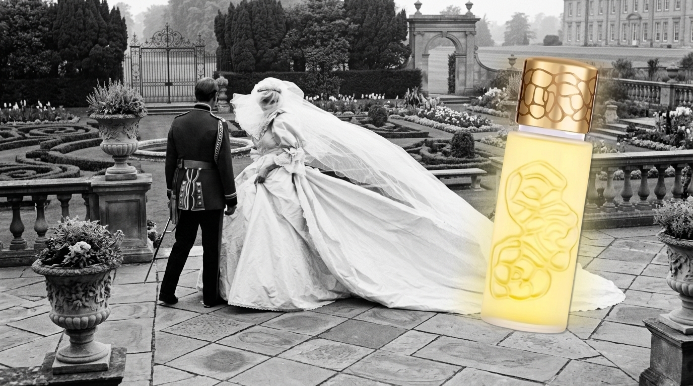 Black and white wedding photo of Princess Diana and Prince Charles with Houbigant Quelques Fleurs perfume overlaid in color