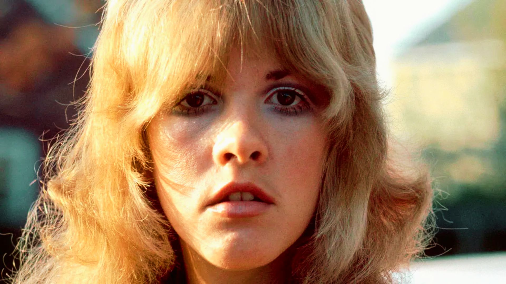 Sunlit close-up of Stevie Nicks in the 70s, showing her feathered, shaggy cut.
