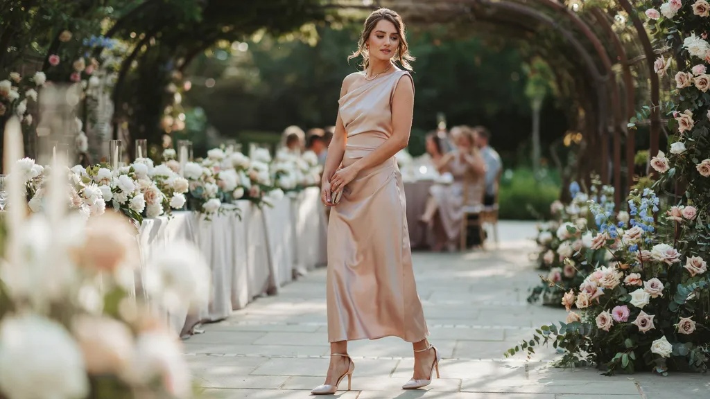 Woman wearing a midi dress suitable for a semi formal wedding