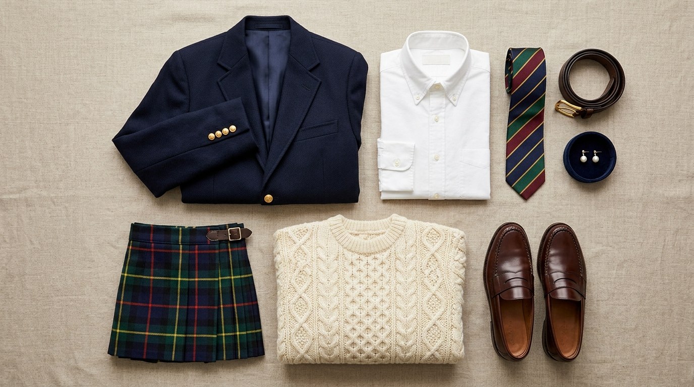Classic preppy wardrobe necessities arranged neatly on a neutral background.