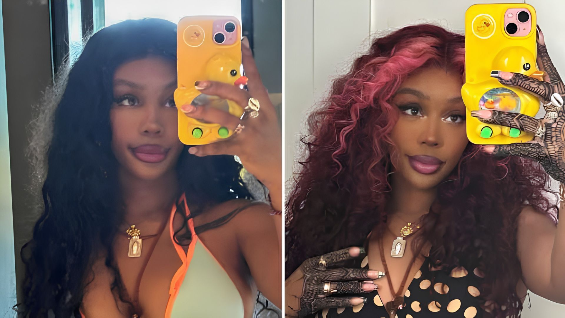 Burgundy and dark curly hair looks influenced by SZA hairstyles, featuring voluminous curls and bold color transformation.