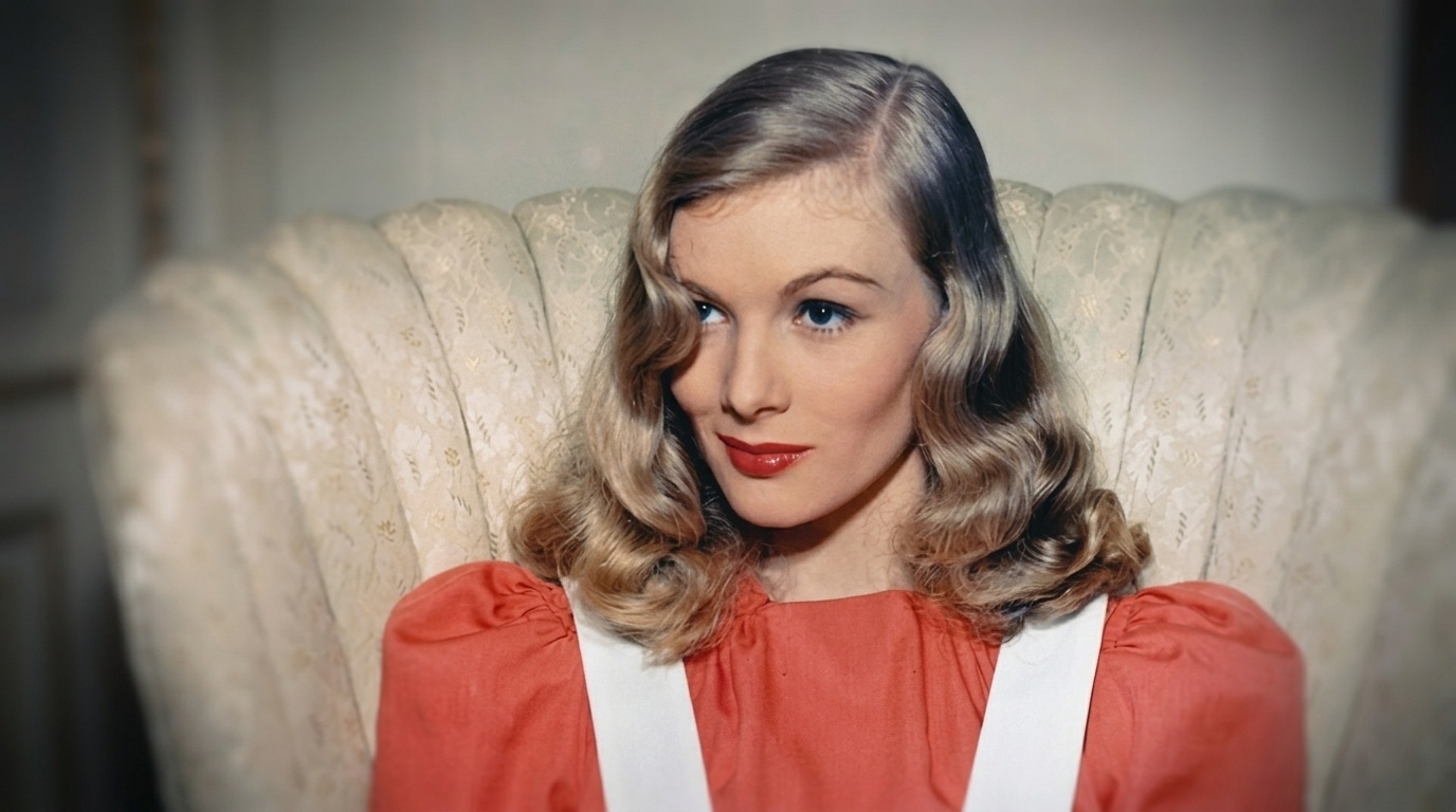 Classic Veronica Lake hair with soft side-swept blonde curls and vintage coral dress