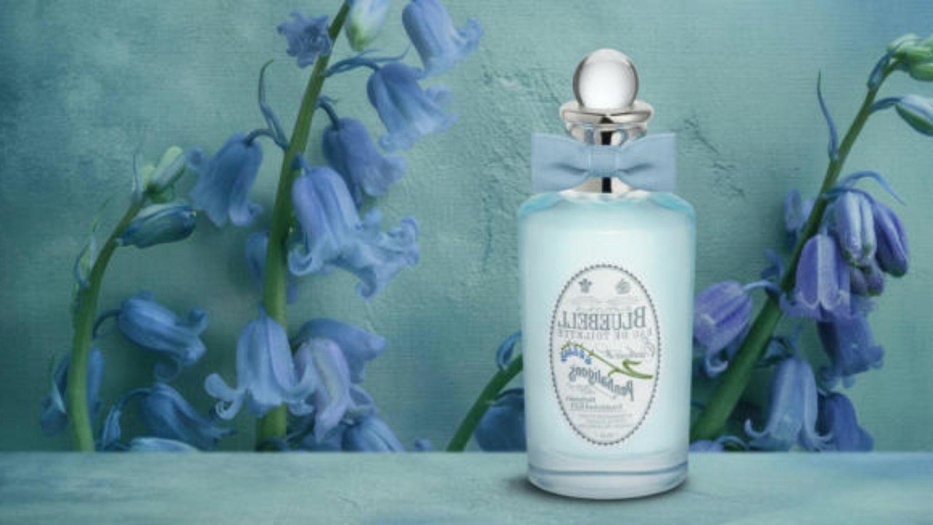 Penhaligon's Bluebell Eau de Toilette bottle with blue bow surrounded by bluebell flowers, one of Princess Diana's favorite perfumes