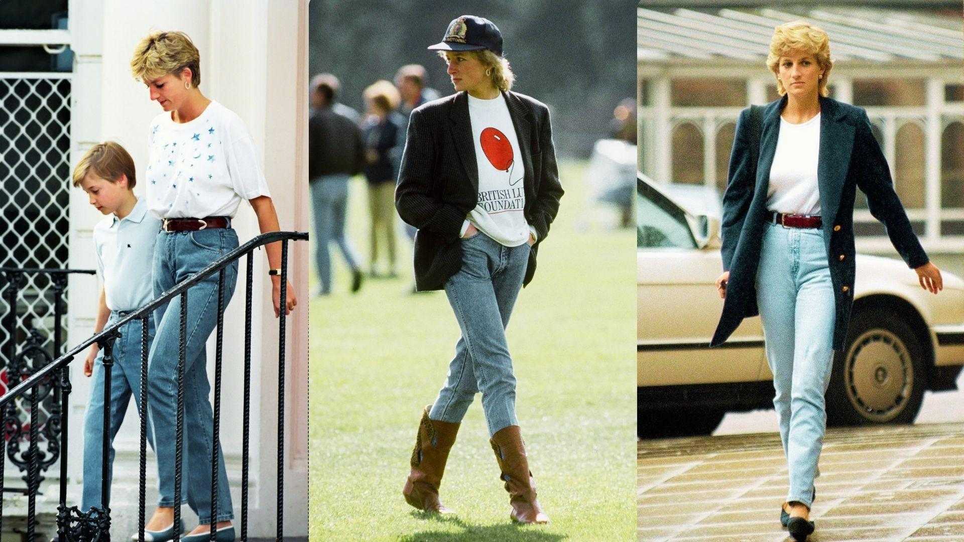 Princess Diana casual denim outfit featuring high-waisted jeans, white shirts, and relaxed blazers for everyday look.