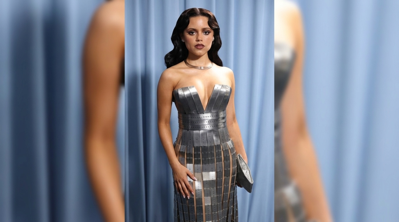 Jenna Ortega with loose Hollywood waves and a polished red carpet hairstyle.