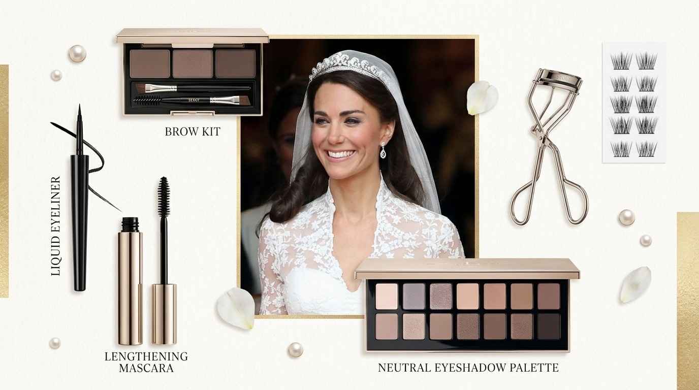 Kate Middleton-inspired eye makeup collage featuring brow kit, neutral eyeshadow, eyeliner, and mascara arranged around a soft natural royal makeup look