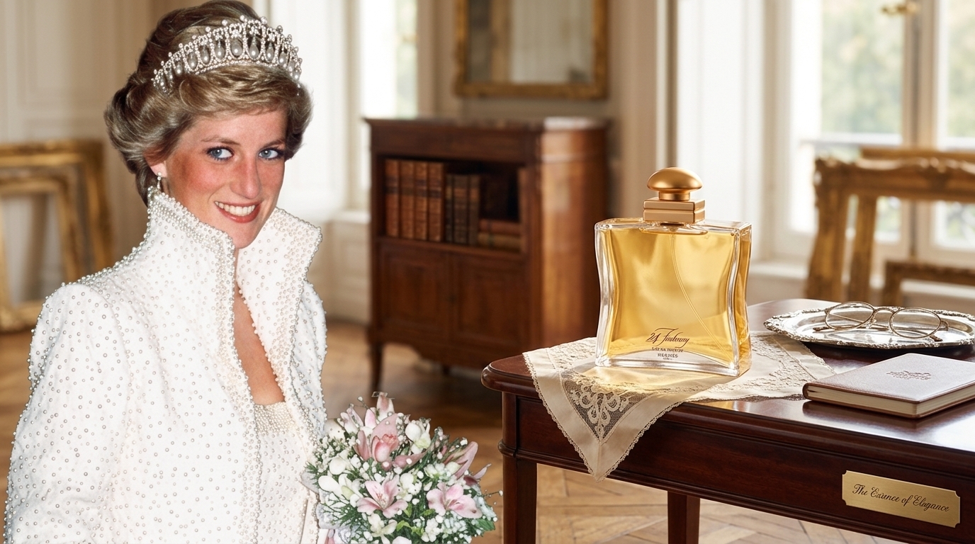 Princess Diana smiling in white dress and tiara beside Hermès 24 Faubourg perfume bottle on wooden table