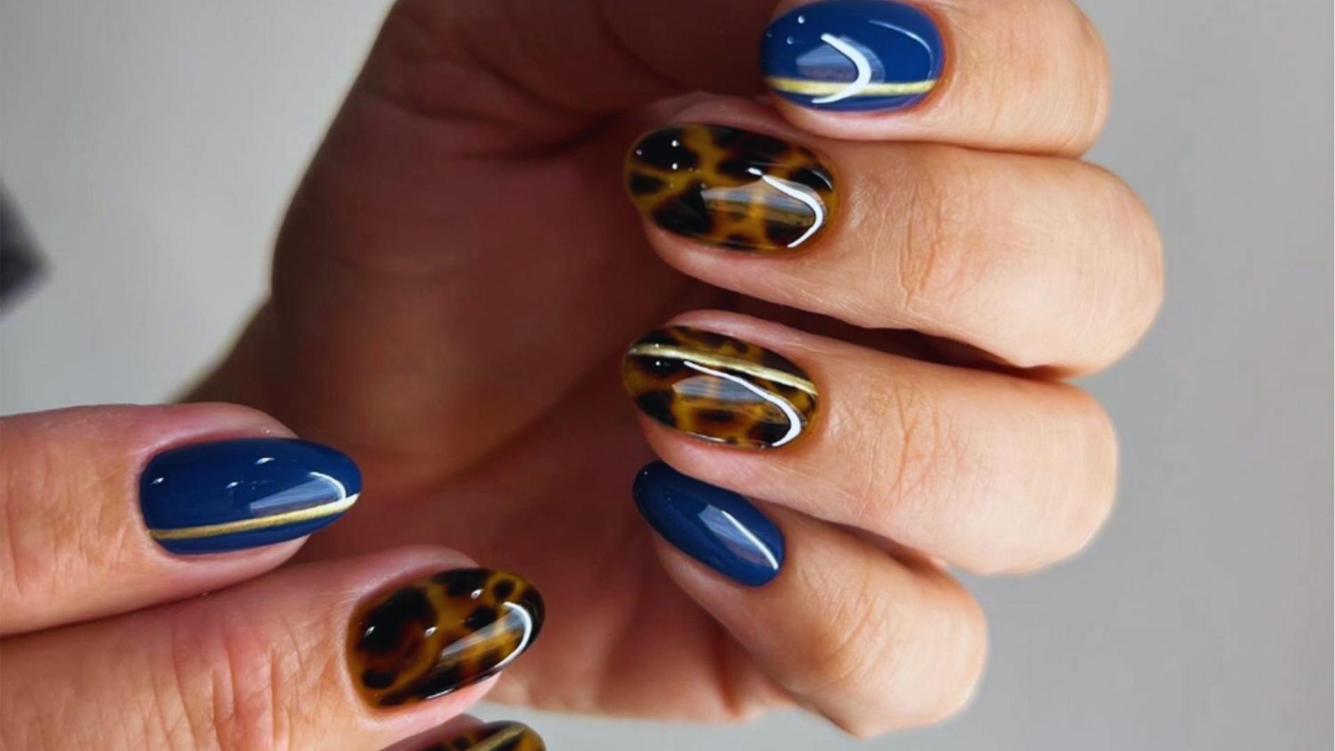 Short almond nails with navy blue polish and gold line accents mixed with glossy tortoiseshell print, a bold Hailey twist.