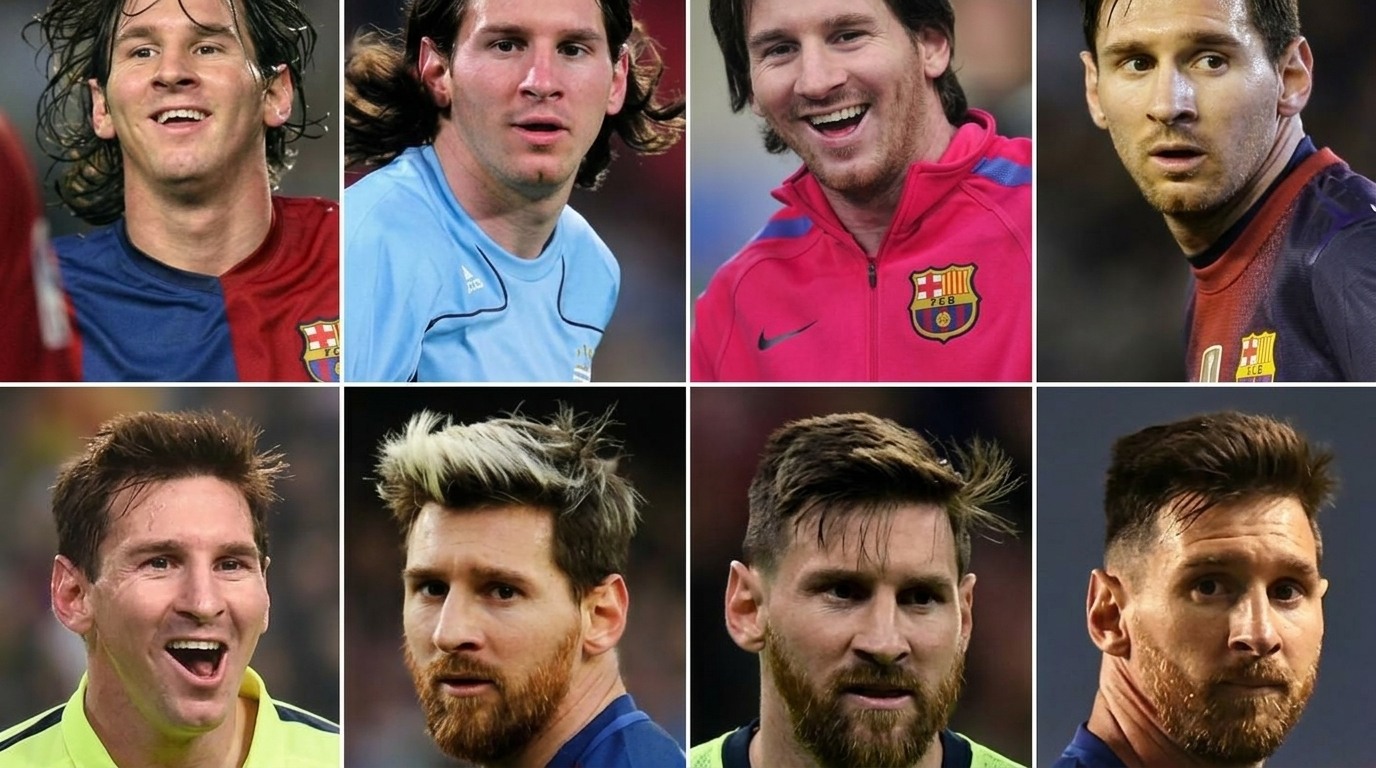 Collage showing Lionel Messi haircut evolution from long hair to short crop styles