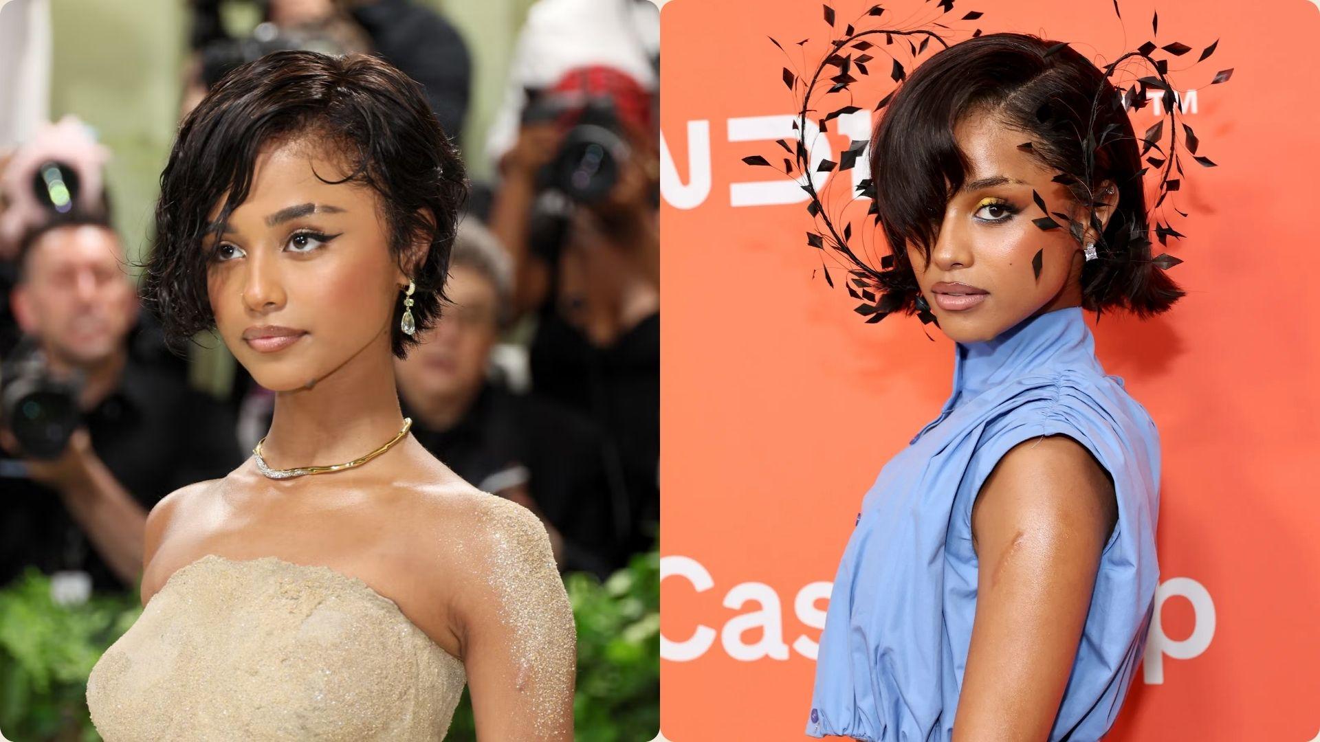 Tyla short pixie and bob haircut looks: wet wavy crop and sleek dark bob with feather headpiece.
