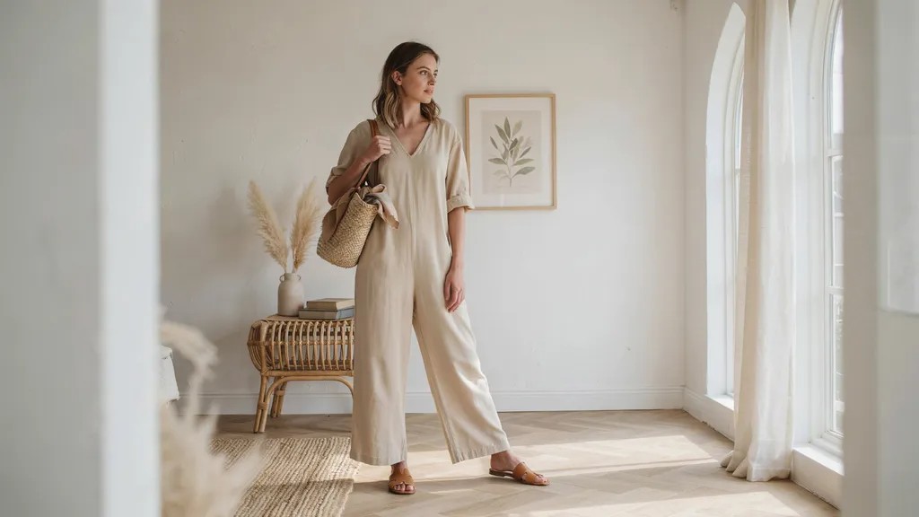 Neutral linen jumpsuit styled with woven accessories in a coastal setting.