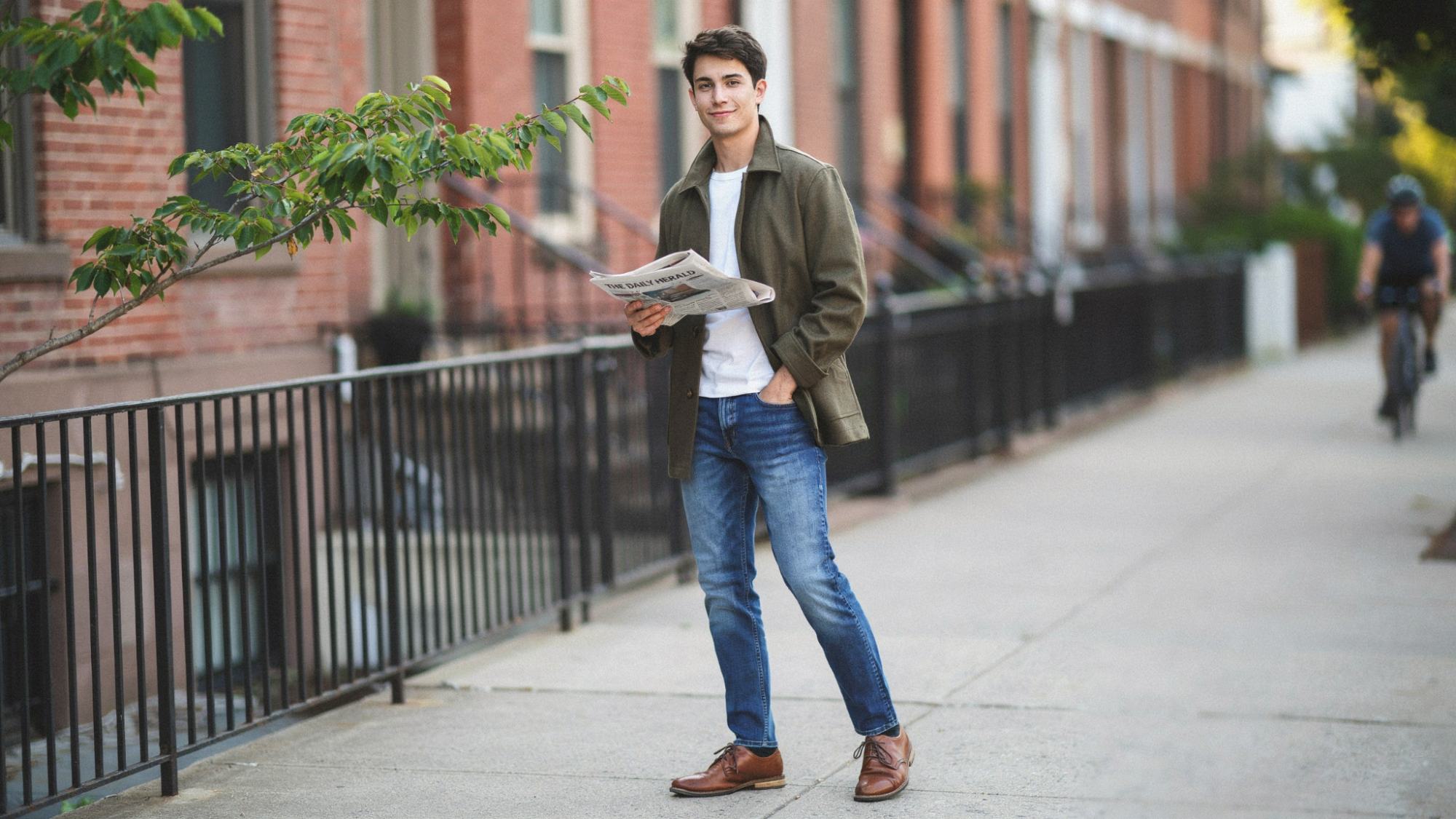 Casual weekend outfit featuring a sport coat and jeans.