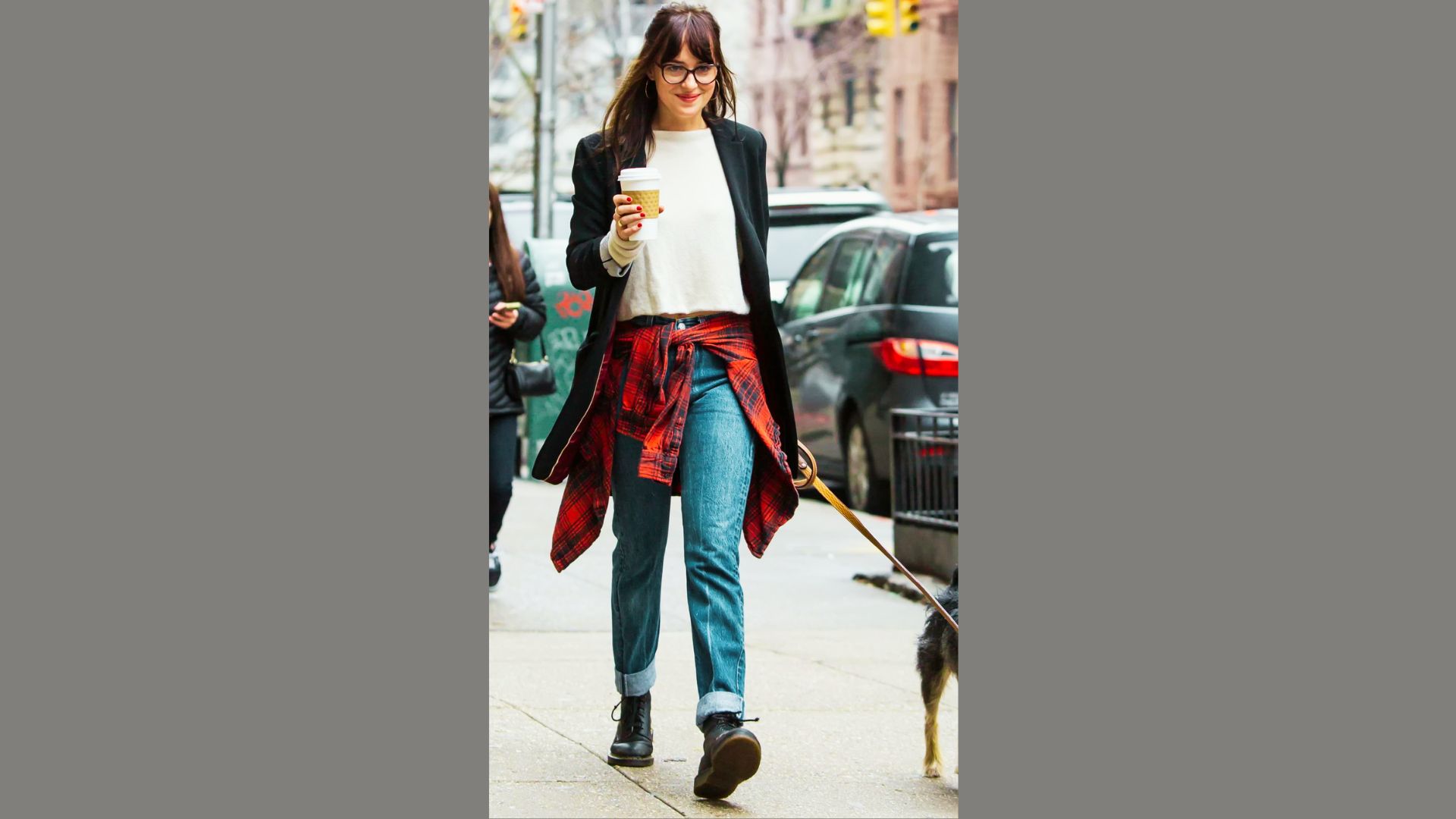 Plaid blazer paired with a tee and cropped denim.
