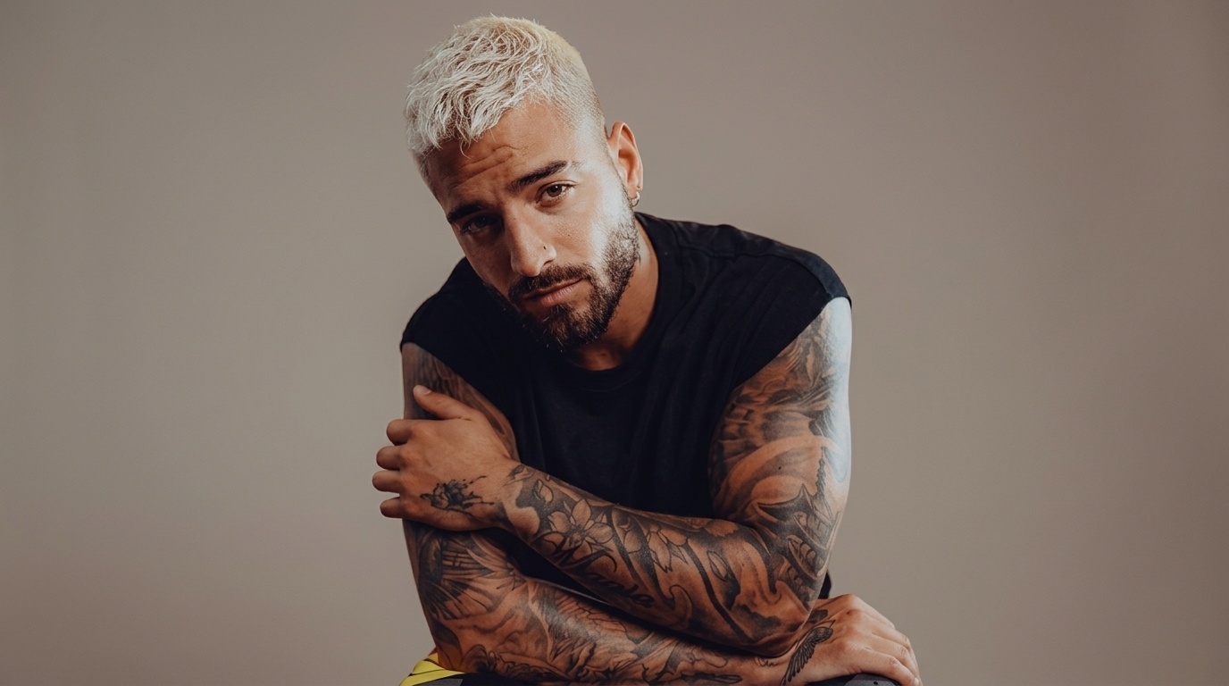 Maluma with short bleached blonde textured crop and full tattoo sleeves