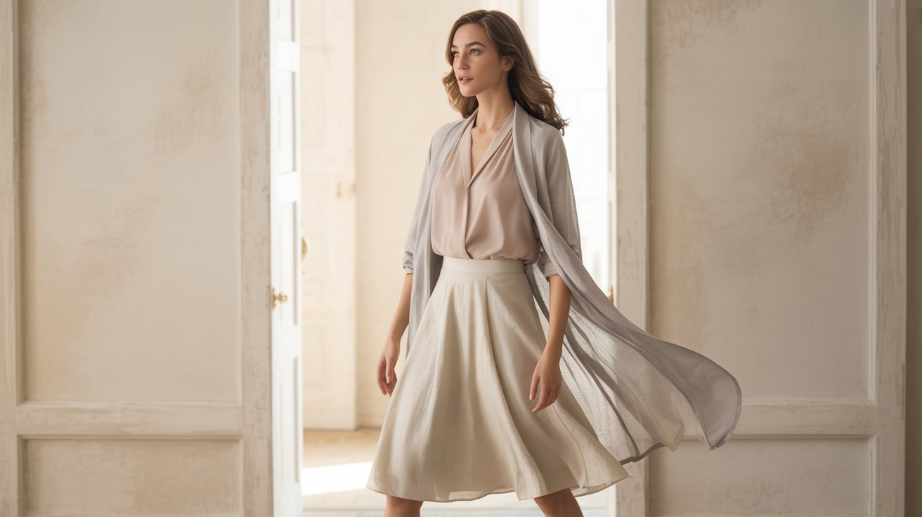 A-line skirt, soft blouse, and cardigan create graceful balanced Soft Classic style.
