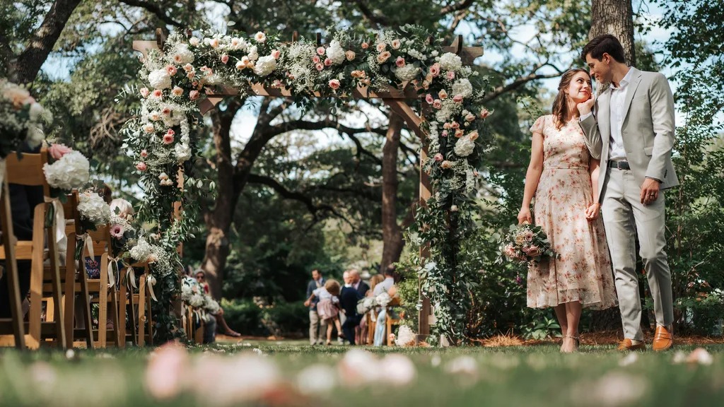 Semi formal attire for an outdoor garden wedding