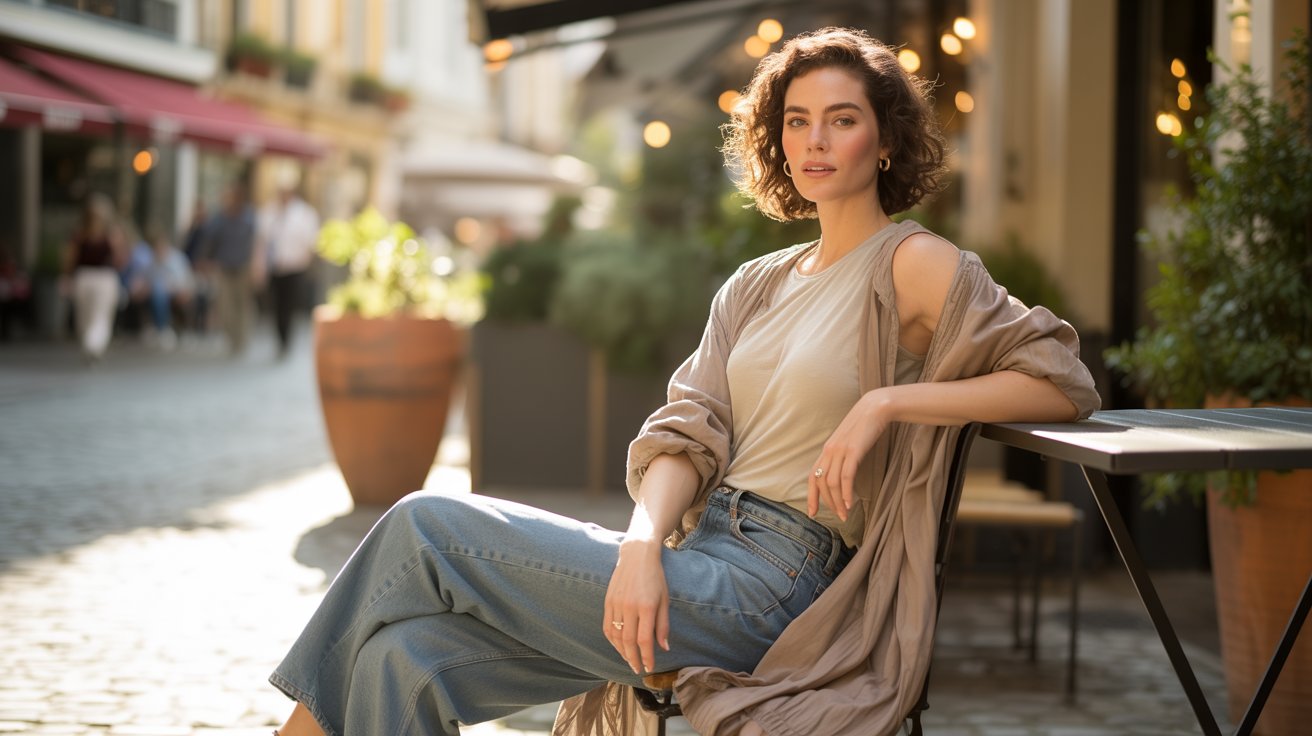Soft natural casual denim soft tee cardigan relaxed effortless everyday outfit styling
