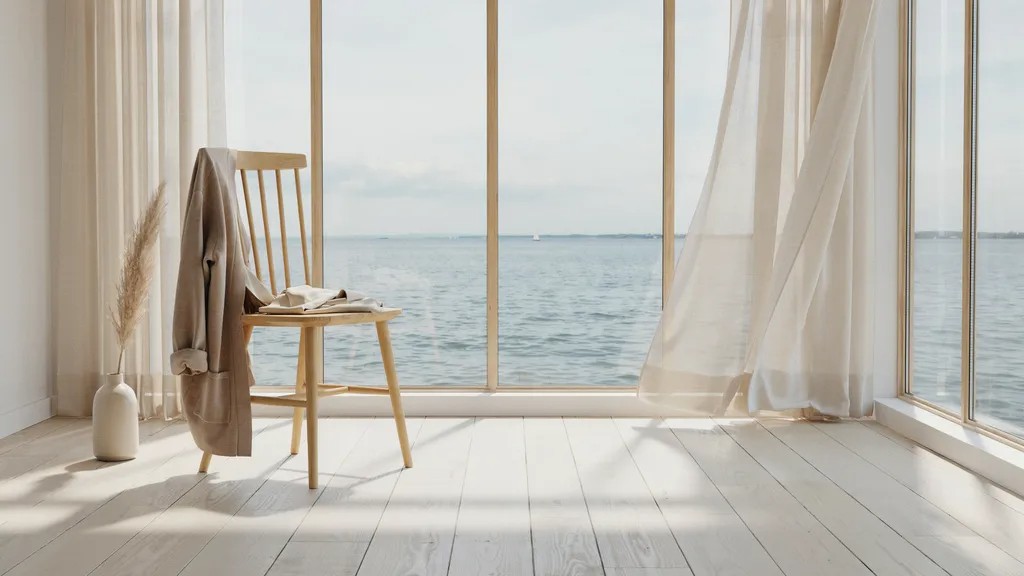 Neutral cardigan draped on a chair inside a bright coastal-influenced home.